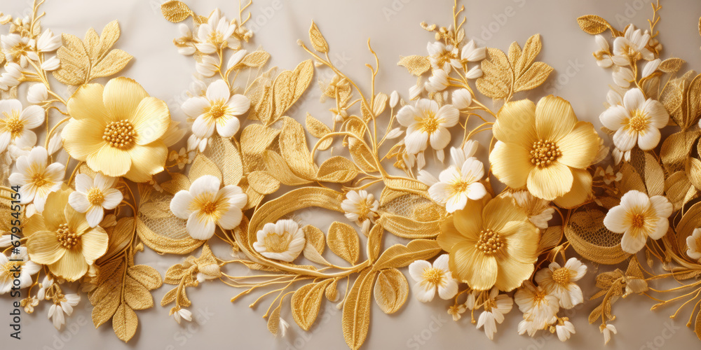 Golden lace cloth adorned with flower designs - obrazy, fototapety, plakaty 