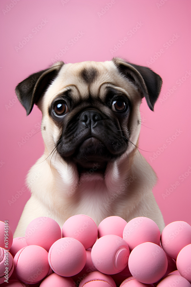 Pug with pink tennis balls on pink background generated AI