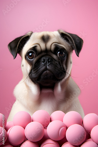Pug with pink tennis balls on pink background generated AI © Tatiana