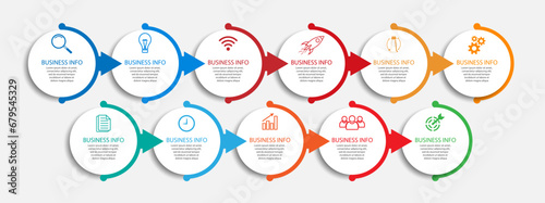 Simple Business Infographic design, vector
template with color lines, icons, numbers and
11 choices or steps. Can be used for process diagrams,
presentations, workflow layouts, banners, flowcharts.