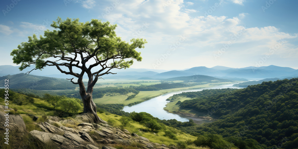 Tree standing atop a mountain with a river in the distance