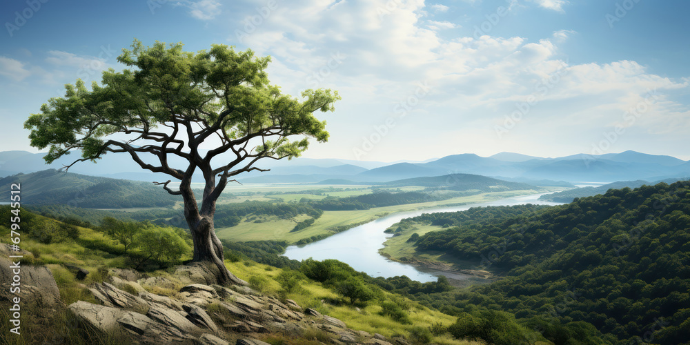 Tree standing atop a mountain with a river in the distance Tree standing atop a mountain with a river in the distance