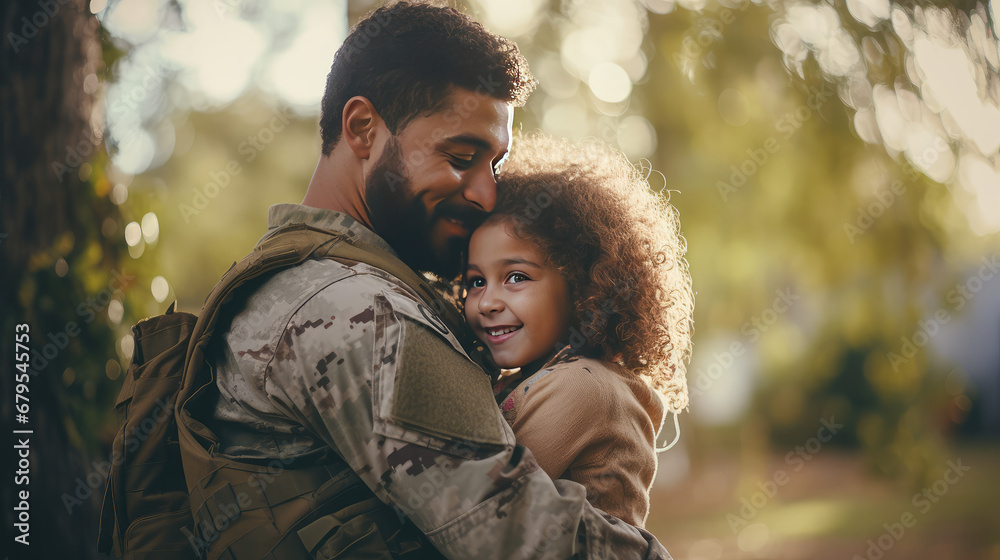 Male soldier returning from war or army embrace his daughter. Happiness to be together, coming home, daddy came back from the war.  - obrazy, fototapety, plakaty 