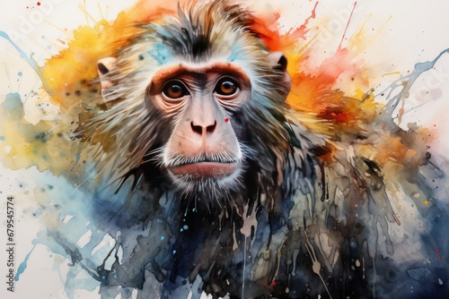 watercolor Monkey illustration with splash watercolor textured background cute monkey © PinkiePie