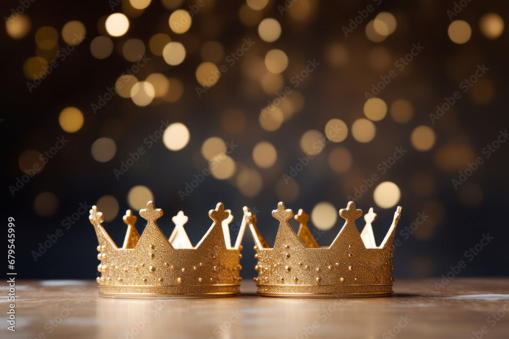 Coronas de oro de reyes magos en la mesa con fondo de luces difuminadas. - obrazy, fototapety, plakaty 