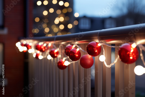 Decoración de bolas y luces de navidad en la terraza de casa. photo