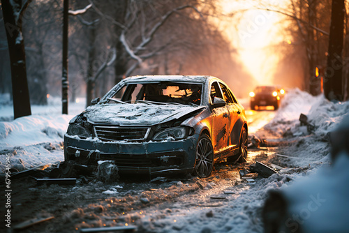 car wrecked in car accident on a slippery road in winter © alexkoral