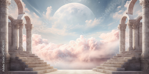 Stairway through an archway rising into the clouds