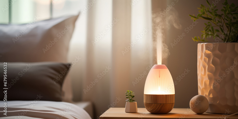 Fototapeta premium An aroma diffuser and a humidifier placed on a bed in a room