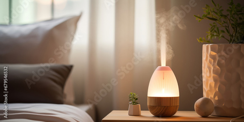 An aroma diffuser and a humidifier placed on a bed in a room