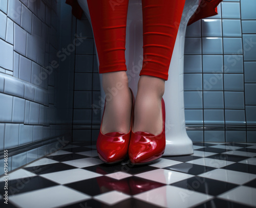 A woman in red pants and red shoes sitting on a toilet. Generative AI. photo