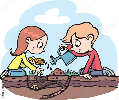 girl and a boy plant seeds in a hole in the ground