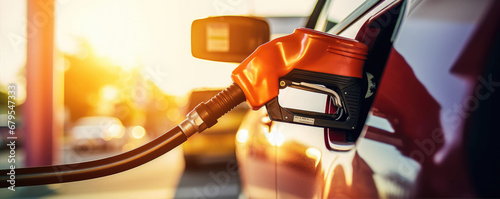 Close-up photo of a car filling up with gas at a gas station, refueling photo