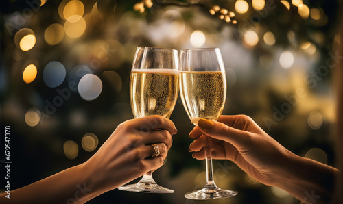 Two glasses with sparkling champagne in hands, cheers, Happy New Year concept.