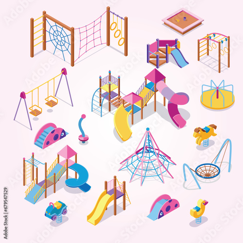 set isometric playground icons with images colourful play equipment with shadows blank background vector illustration photo