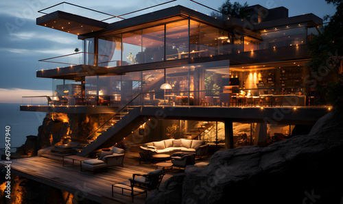 Exterior of a modern glass and wood house on a mountain overlooking the sea generated AI