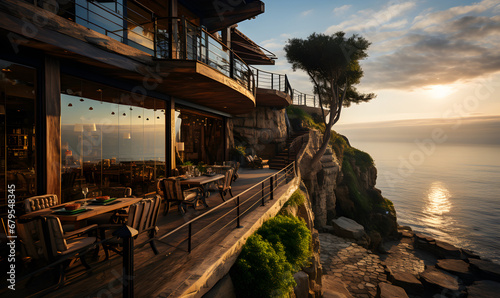 Exterior of a modern glass and wood restaurant on a mountain overlooking the sea generated AI