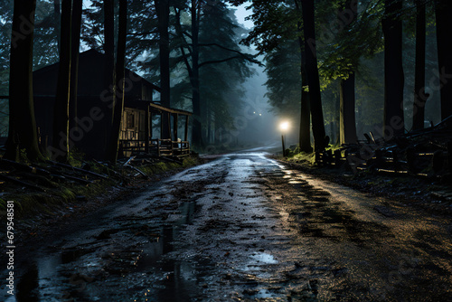Muddy Road in the Woods at Night. Generative Ai