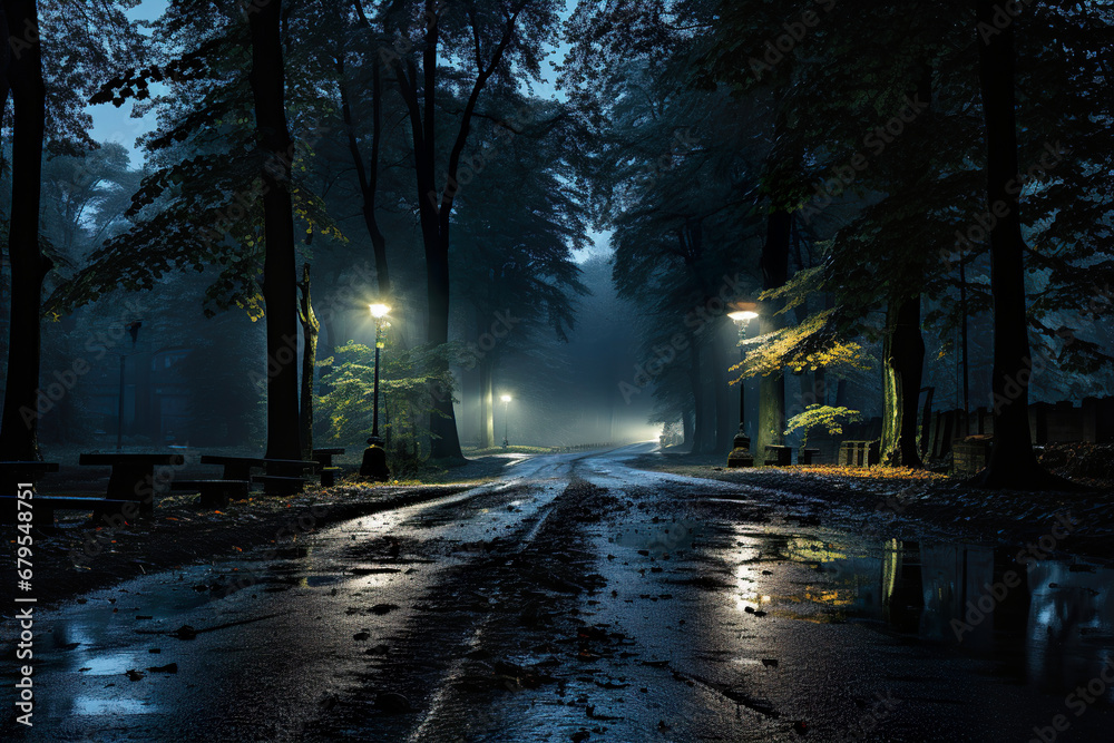 Obraz premium Muddy Road in the Woods at Night. Generative Ai