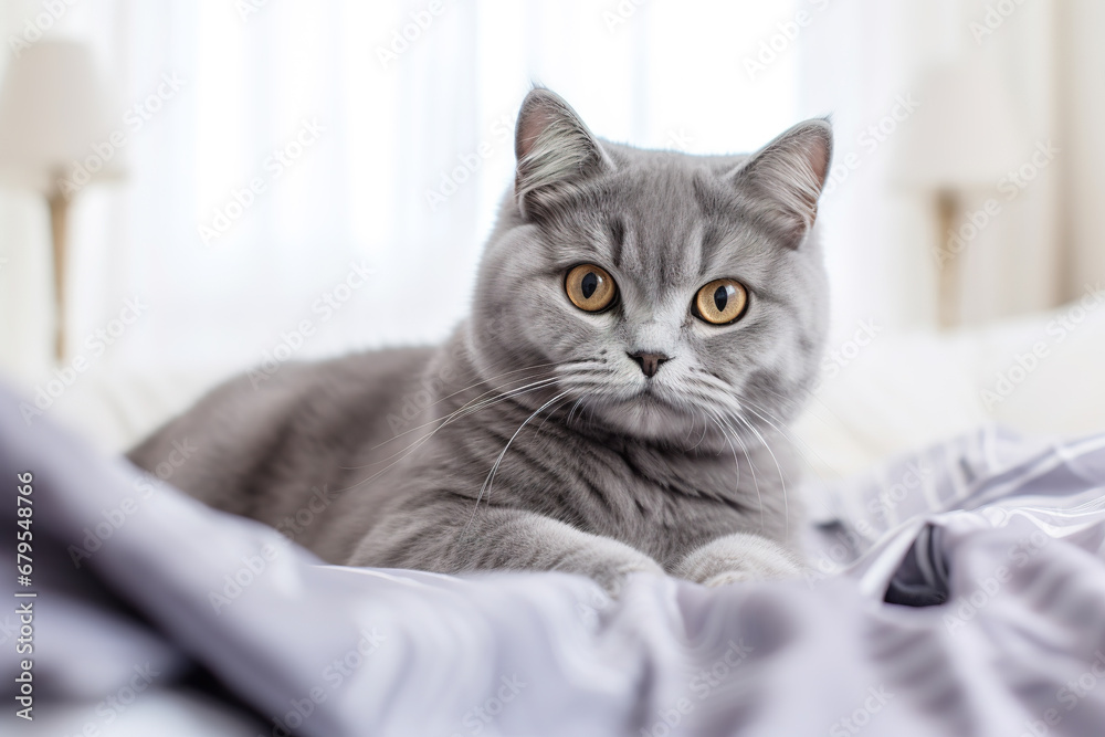 Fluffy grey cat relaxing on a bed 