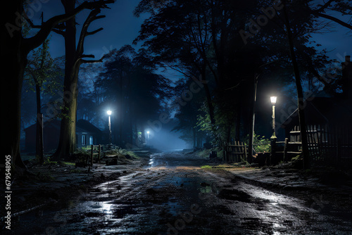 Muddy Road in the Woods at Night. Generative Ai