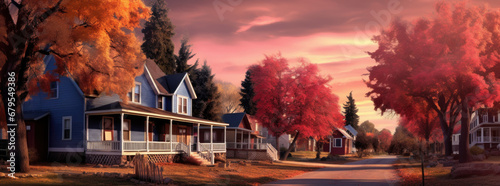 Suburban modern home during late autumn as leaves drop off tree on to yard.