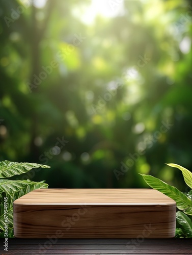 Wooden product display podium with blurred nature leaves background. copy space  generative ai