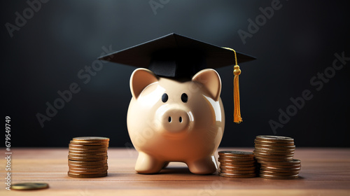Piggy bank with a black graduation hat with coins as educational loan symbol
