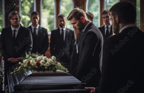 Death, funeral and family touching coffin in a church, sad and unhappy while gathering to say farewell. Church service casket and sad man and woman looking upset while greeting, goodbye and rip photo