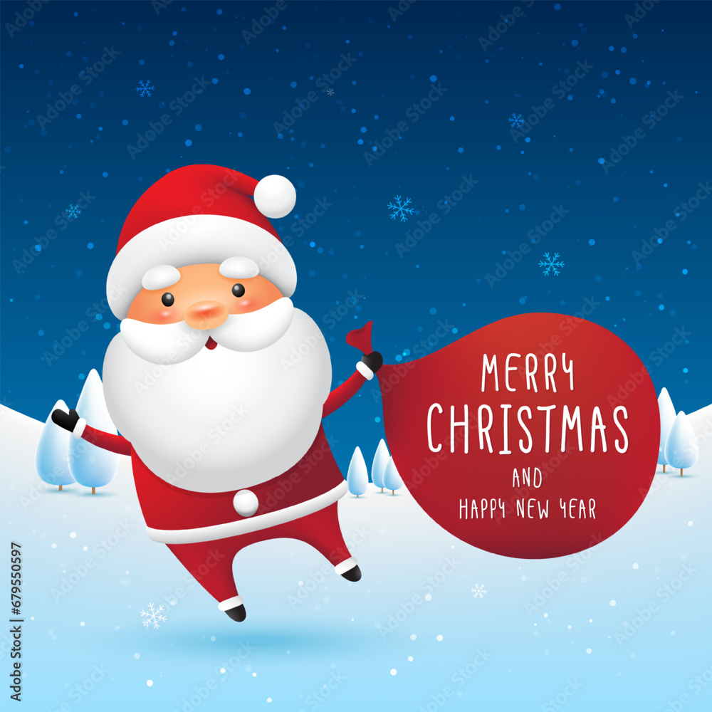 Merry Christmas and happy new year. Cute santa Claus carries a bag of gifts. Greeting card with cartoon characters on a snow. Vector eps10.
