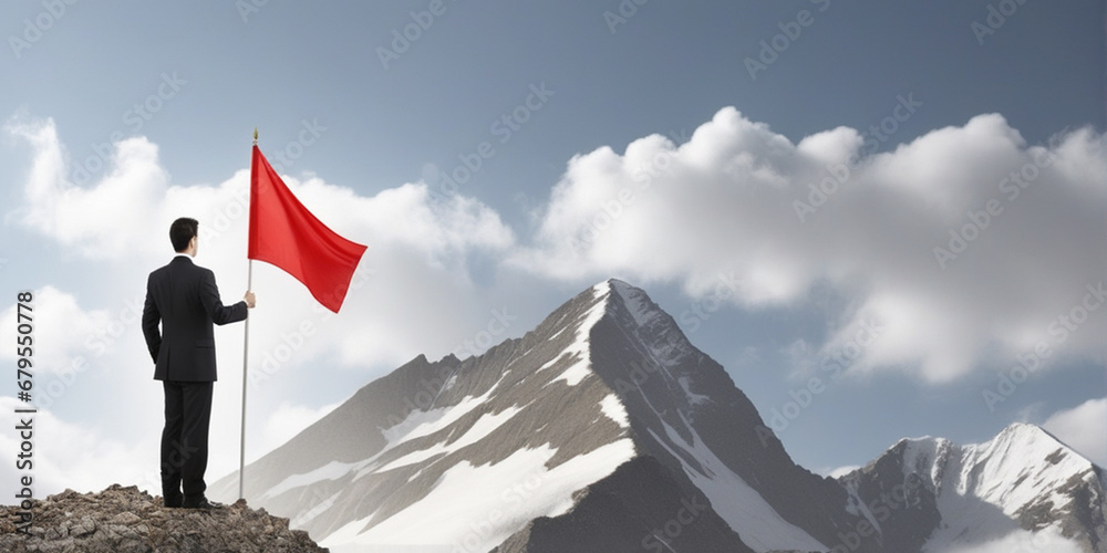 Smart businessman professional holding a flag for success invest business standing on top of mountain
