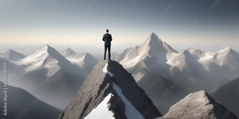 Smart businessman professional for success invest business standing on top of mountain - obrazy, fototapety, plakaty 