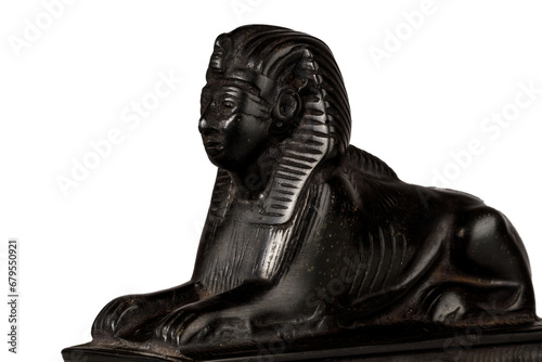 Black stone sphinx statue isolated on white background.