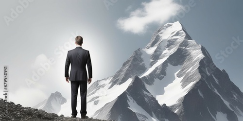 Smart businessman professional for success invest business standing on top of mountain