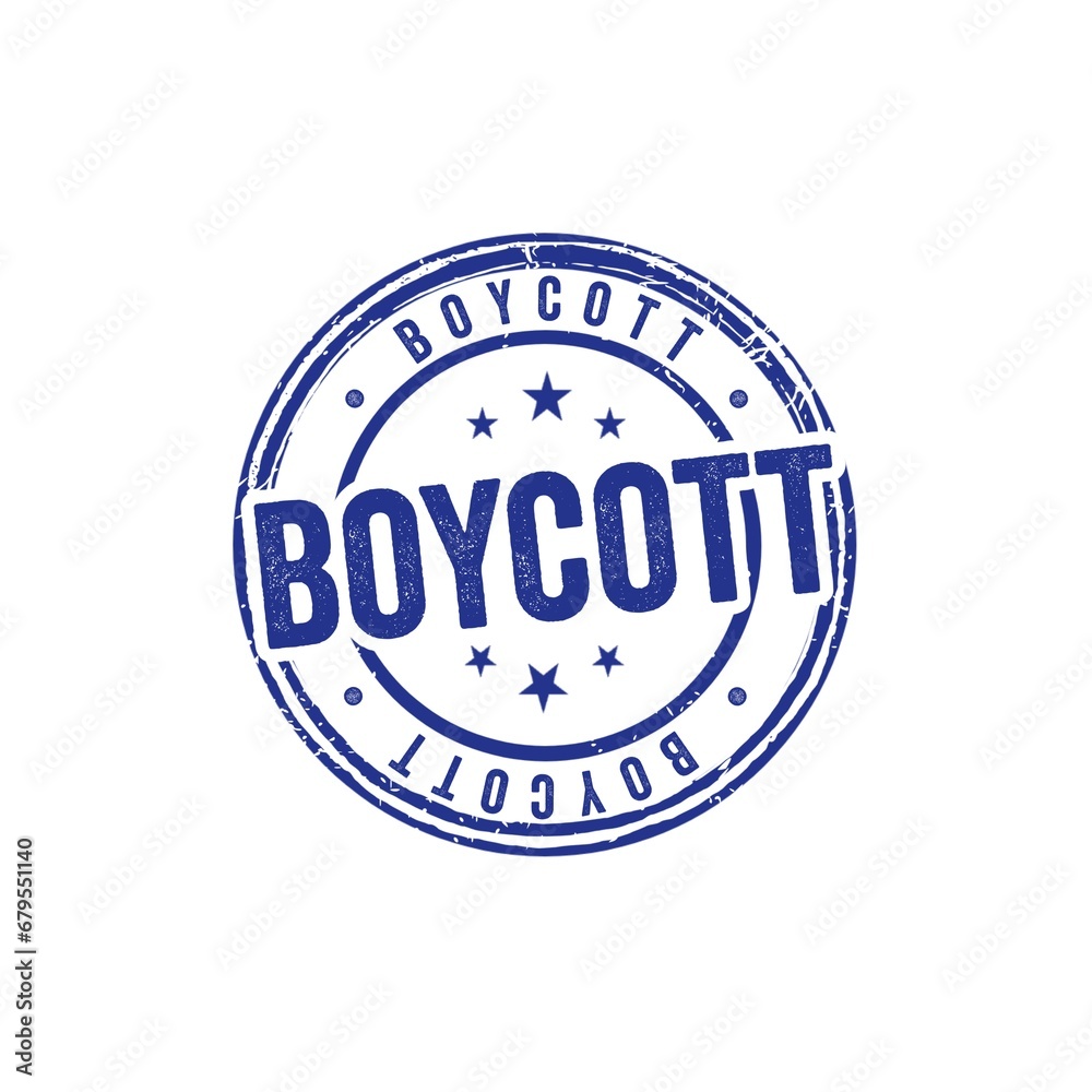Boycott blue rubber stamp on white background, circular pattern with star icon. Design illustration.