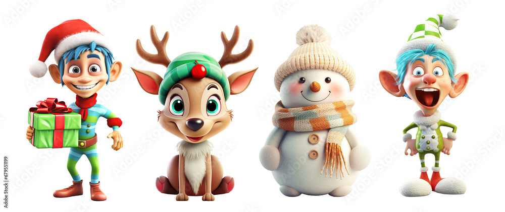 Elf, deer, snowman, set of Christmas cartoon characters isolated cutout on transparent background