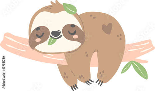 Cute Baby Sloth Hanging and sleeping cartoon nursery illustration