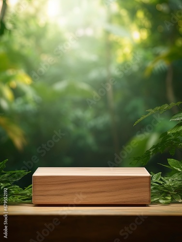 Wooden product display podium with blurred nature leaves background. copy space  generative ai