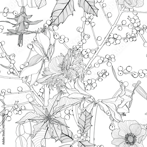 Winter season botanical seamless pattern. Poinsettia, sorbus berries, ilex, mistletoe background. Seasonal botany decorative illustration. Wrapping paper, textile, fabric design.