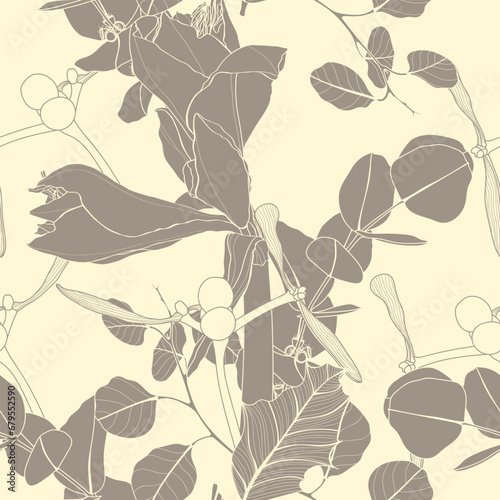Winter season botanical seamless pattern. Poinsettia, sorbus berries, ilex, mistletoe background. Seasonal botany decorative illustration. Wrapping paper, textile, fabric design.
