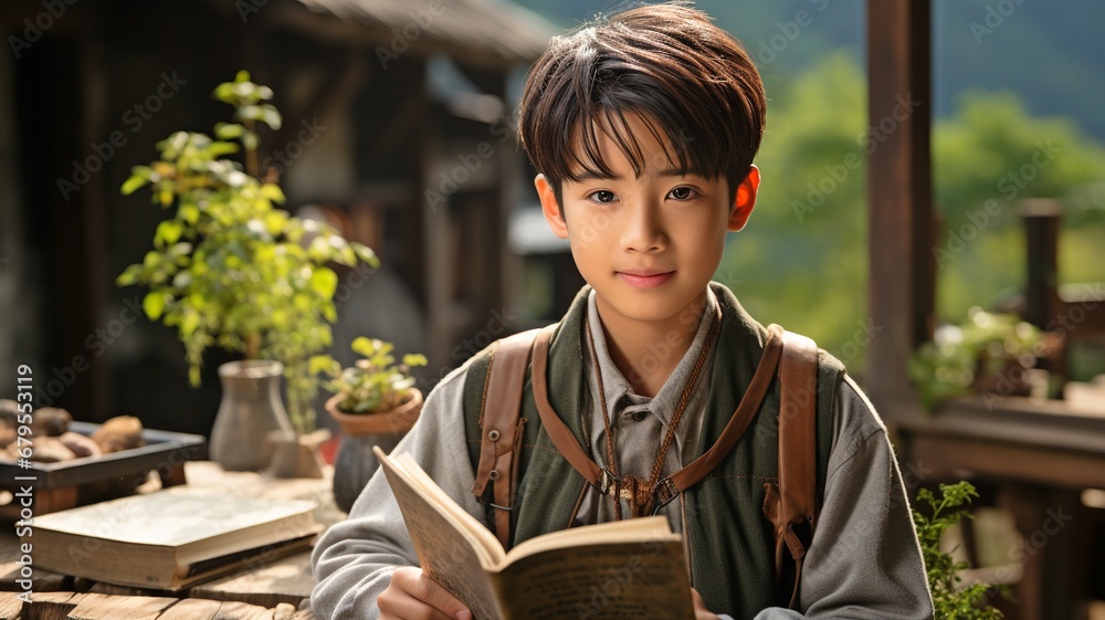 A Chinese boy smiles while carrying a book.. A Chinese boy smiles while carrying a book..