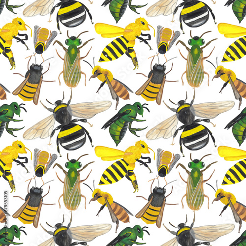 Honey and bee Seamless pattern Background with handpainted colorful illustrations Great for fabric, textile and paper design, scrapbooking, wrapping and wallpaper, surface design. photo