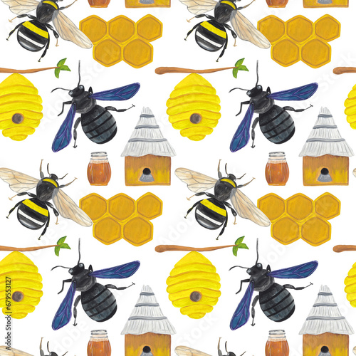Honey and bee Seamless pattern Background with handpainted colorful illustrations Great for fabric, textile and paper design, scrapbooking, wrapping and wallpaper, surface design. photo