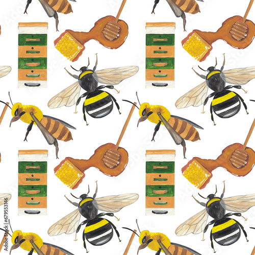 Bees and honey Seamless pattern Background with handpainted colorful illustrations Great for fabric, textile and paper design, scrapbooking, wrapping and wallpaper, surface design. Yellow  photo