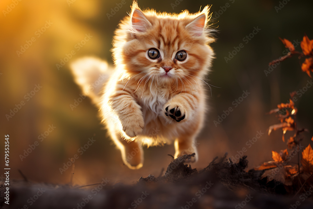 Cut kitten jumping in autumn park.