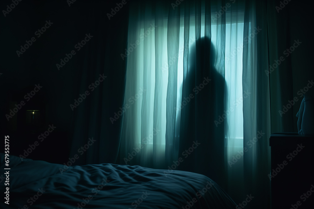 Horror silhouette of an unknown shadow figure in window at night.