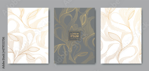 Vector set of luxury floral line pattern, golden background. Hand drawn plants, leaves for packaging, social media post, cover, banner, creative post and wall arts