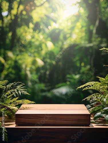 Wooden product display podium with blurred nature leaves background. copy space, generative ai