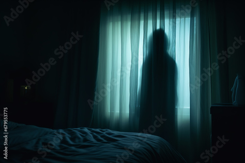 Horror silhouette of an unknown shadow figure in window at night.
