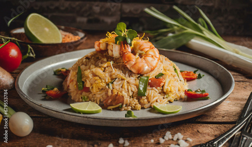 Shrimp fried rice,thai food, photography close up shot in studio